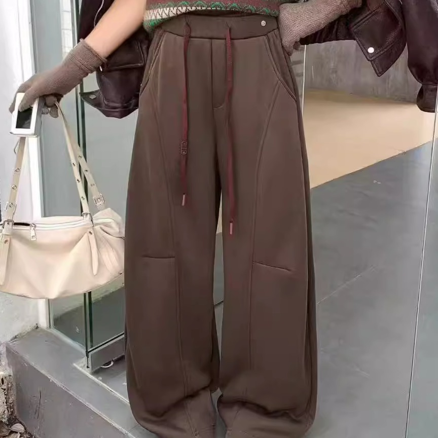 冬季新款加绒咖棕色休闲弯刀裤女