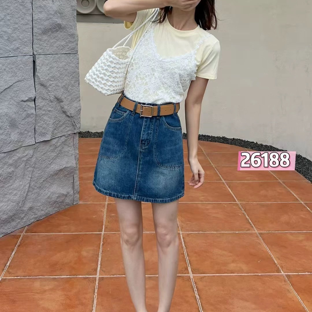 2026夏季新款复古蓝色牛仔短裙女配黄色腰带防走光A字小个子裙子