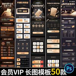 黑金风VIP权益特权专区会员中心体检项目活动介绍H5UI长图PSD素材