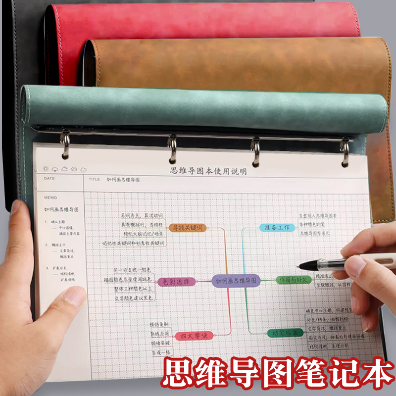 思维导图记录本4孔可拆卸活页本子A4思维导图笔记本简约学生用大号网格记录本可替换内芯高颜值思维导图本子