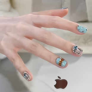 蒂芙尼蓝纯手工穿戴酸奶白猫眼爆闪反向法式 显嫩美甲贴片10片