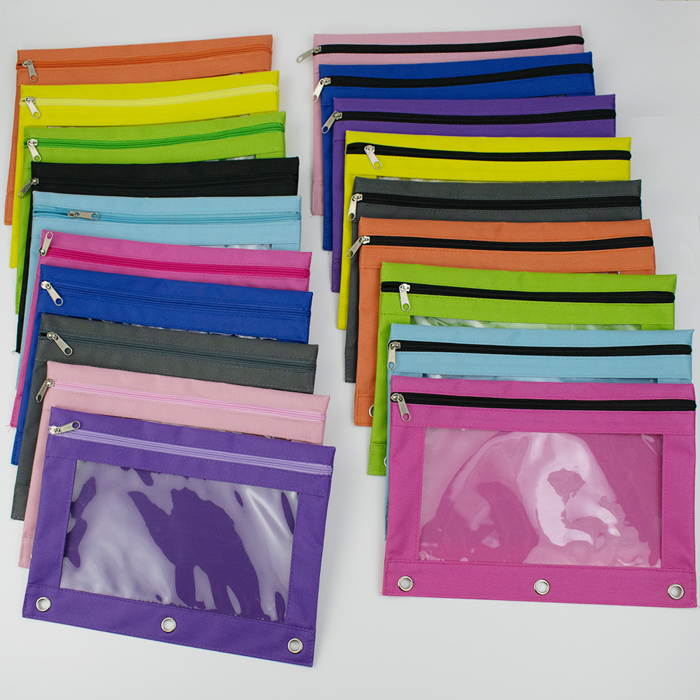 600D单拉链三孔笔袋牛津布B5气眼文件袋可拆卸透明PVC活页资料袋