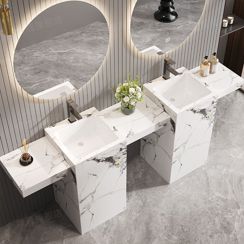 岩板立柱盆浴室柜落地立式一体无缝盆洗手池户外带台面洗脸台盆