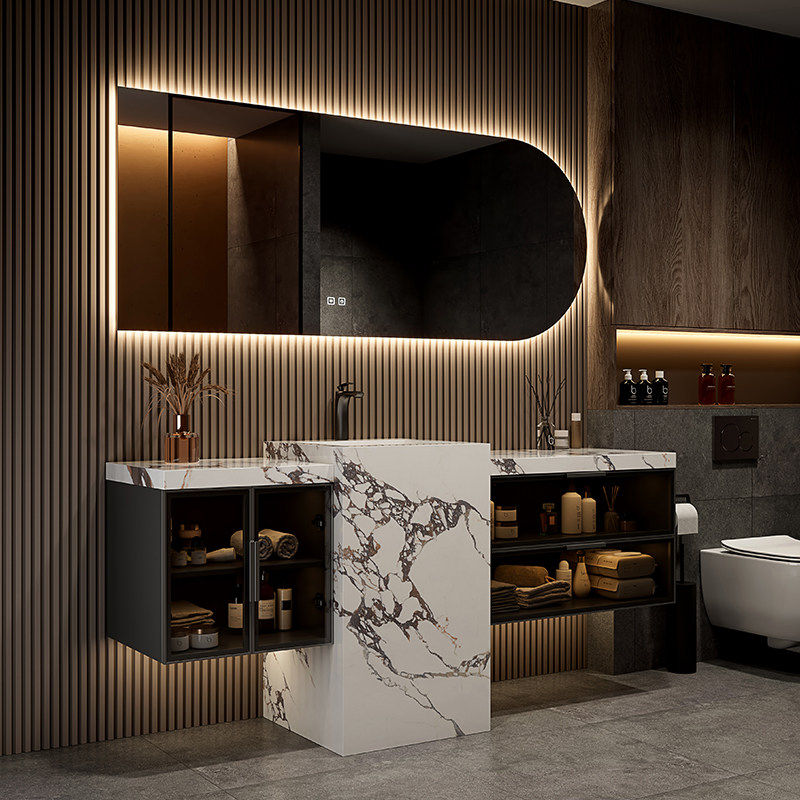 岩板无缝一体盆浴室柜落地阳台卫生间立柱洗手盆组合洗脸盆可定制