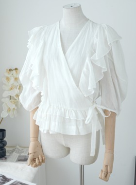 【花间旧事】100苎麻白色衬衫法式荷叶边压皱上衣v领减龄气质小衫