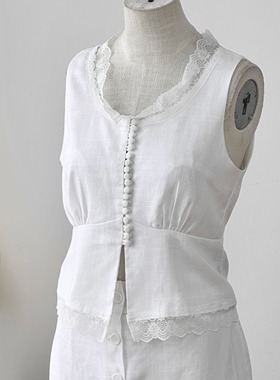 【白月光】亚麻两件套夏季白色蕾丝背心半身裙松弛感慵懒风套装女
