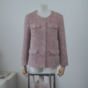 高端玫粉色小香风羽绒服女冬季新款高级亮片编织羽绒内胆毛毛外套