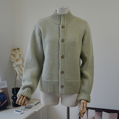 老钱风针织开衫毛衣外套女香草绿原创立领时尚设计感毛织羊毛外套