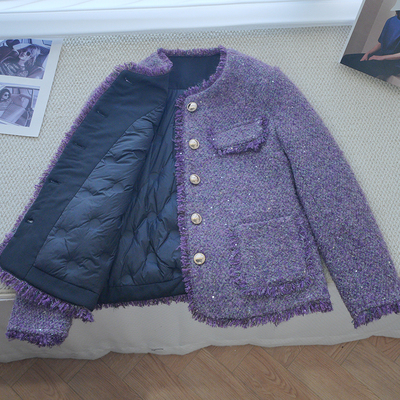 法式名媛小香风羊毛粗花呢羽绒服