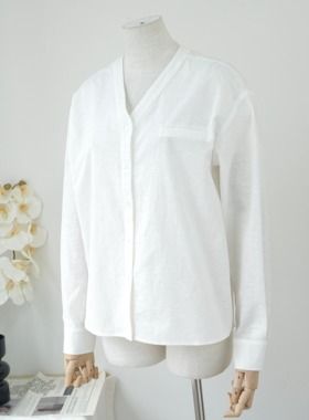 【天空之境】高端棉麻亚麻衬衫V领松弛感长袖白色亲肤宽松上衣夏