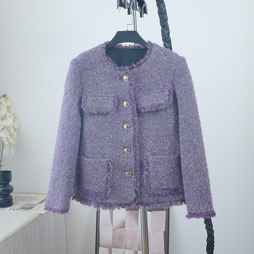 秋冬紫色短款小香风粗花呢羽绒服