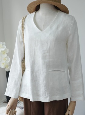 【天空之境】亚麻纯色衬衫白色休闲老钱风长袖亲肤柔软宽松上衣夏