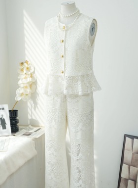 【格桑雅儒】镂空蕾丝马甲裤子两件套装气质百搭宽松夏季新款套装