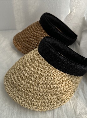手工草编空顶帽防晒草帽透气大沿遮阳帽2026夏新款出游发箍太阳帽