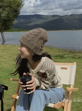 定制 麻花针织帽女卡其色翻边毛钱帽小红书同款冬季加厚保暖潮帽