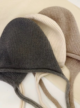 100%羊毛帽子男女保暖针织护耳时尚卷边系带包头帽休闲冬2025新帽