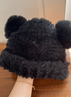 王嘉尔同款黑色小熊耳朵毛绒帽子保暖柔软毛毛针织帽秋冬仿皮草帽