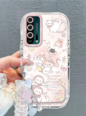 适用HONOR20Lite手机壳华为荣耀二十青春版保护套H0N0R20春青板HONR2O新款外猫咪格子带支架手链硅胶全包防摔
