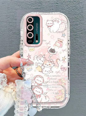 适用HONOR20Lite手机壳华为荣耀二十青春版保护套H0N0R20春青板HONR2O新款外猫咪格子带支架手链硅胶全包防摔