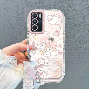 适用OPPOK9Pro手机壳猫咪格子OPPO新款带支架手链K9Por套OPK高级感OPPK09KPro5G硅胶OPP0PP0PPO全包防摔女生