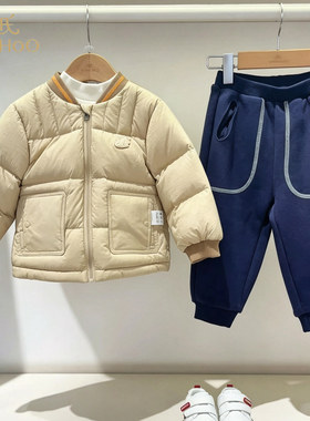 英氏男童复古棒球服轻薄羽绒服秋款内搭T恤男宝不倒绒简约束脚裤