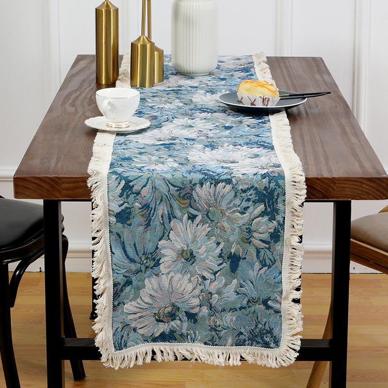 桌布蓝底白花油画桌布客厅装饰菊花带穗茶几餐桌桌布