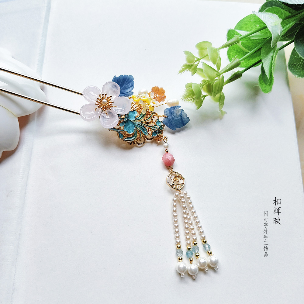 原创手工盘发簪子汉服旗袍步摇古装风流苏多宝景泰蓝钗子 相辉映