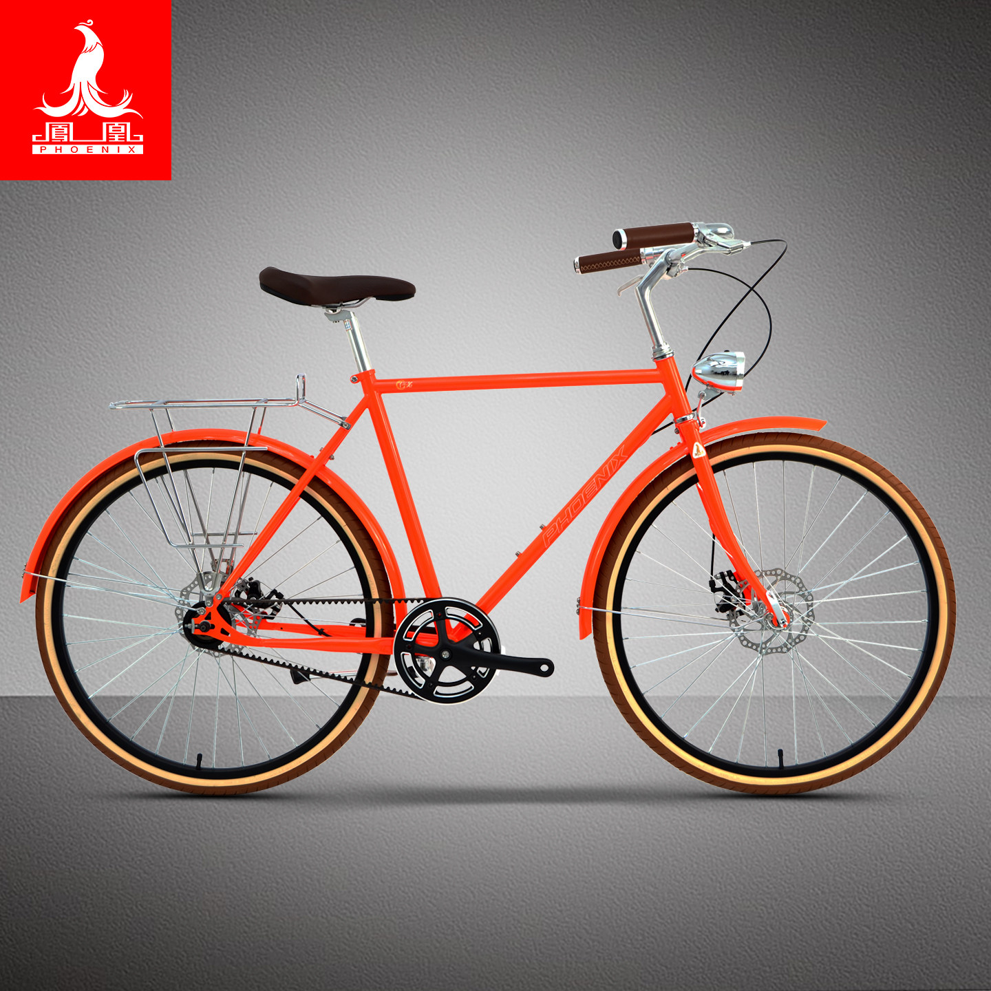 凤凰26寸复古自行车时尚街头英伦简约范免维护皮带传动男式单车