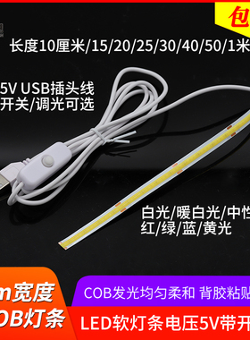 cob软灯条8mm灯带5v伏灯led自粘细灯条白光红绿蓝带开关usb插头线