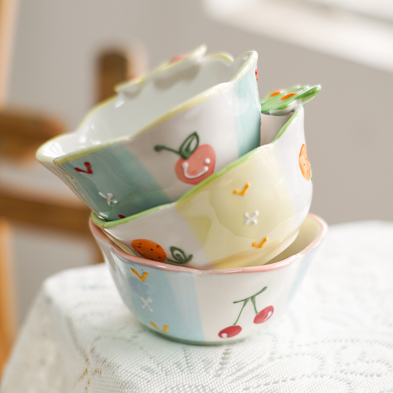 手绘清新小花日式陶瓷米饭碗可爱饭碗盘子网红餐具家用创意早餐碗