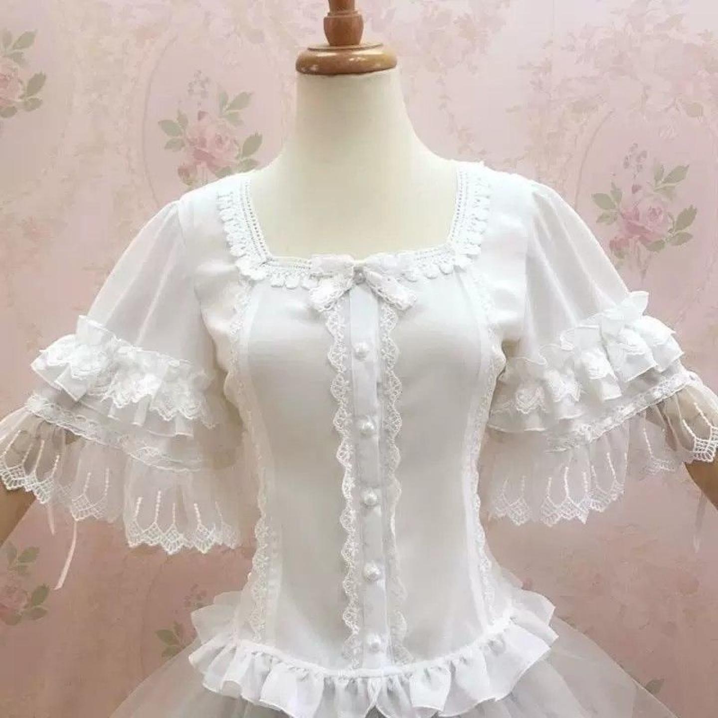 夏季甜美白色蕾丝泡泡袖衬衫