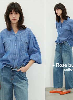 V.日D贵牌，Ro*se B*d 标志性无领珍珠纽扣衬衫，洋气感气质衬衣