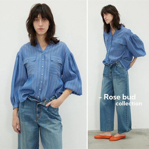 V.日D贵牌，Ro*se B*d 标志性无领珍珠纽扣衬衫，洋气感气质衬衣