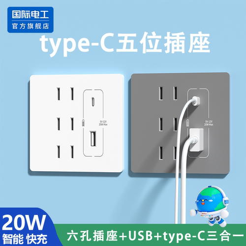 国际电工usb多孔智能20W手机快充86型暗装墙壁Type-C充电插座面板