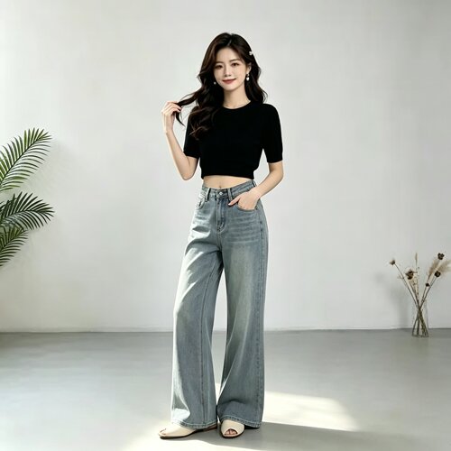 丹德兰 高腰阔腿牛仔裤女浅蓝色显瘦垂感长裤微弹-TE93316