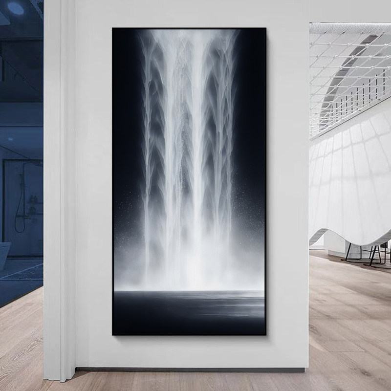 瀑布 高山流水简约意境装饰挂画 客厅过道玄关走廊入户黑白灰抽象