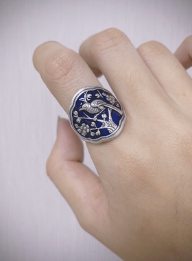 s925纯银烧蓝鸟语花香滴胶女戒指