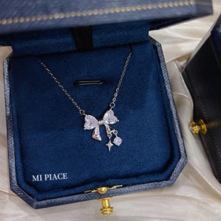 s999纯银闪钻蝴蝶结项链女轻奢小众设计锁骨链送女友情人节礼物