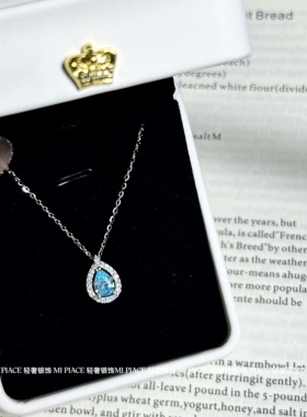 s999纯银蓝眼泪水滴项链女轻奢小众设计感锁骨链送闺蜜生日礼物