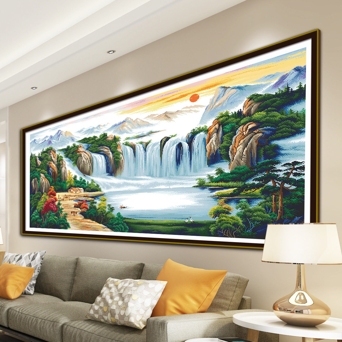 山水画流水生财旭日东升十字绣客厅聚宝盆风景手工非成品刺绣印花,居家布艺,十字绣套件,淘宝优惠券,粉丝福利购,淘宝优惠卷