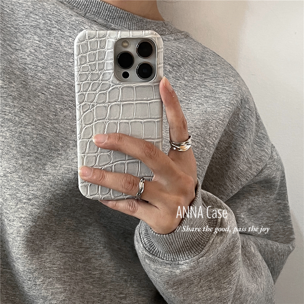 ANNACASE简约设计冰川灰鳄鱼纹皮质适用16promax手机壳新款iPhone15高级感13pro防摔12硬壳14promax保护套11