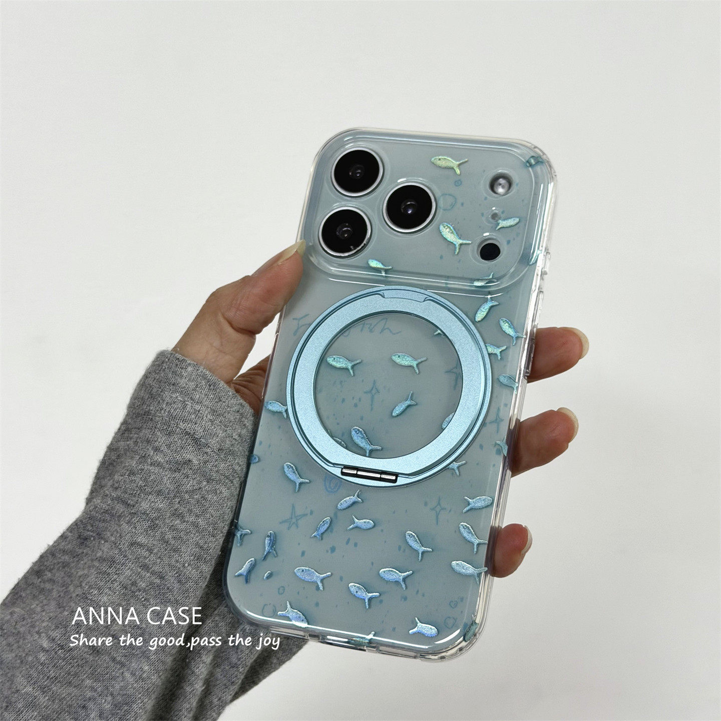 ANNACASEins薄荷蓝小鱼磁吸旋转支架手机壳适用iphone17promax苹果14软13新款15pro全包16ProMax防摔保护套17