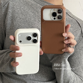 ANNACASE秋冬高级奶白焦糖色皮质适用苹果17promax手机壳iphone14小众15pro新款 16promax全包17防摔保护套13