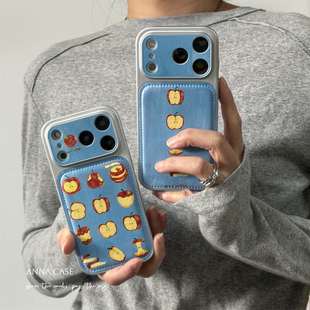 ANNACASE秋冬油画蓝艺术苹果大视窗手机壳适用iphone17promax苹果17新款15pro全包16Promax防摔保护套14皮质