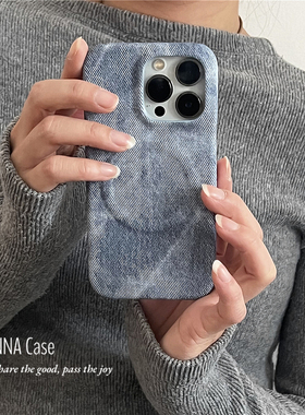 ANNACASE高级复古蓝色牛仔纹皮质磁吸手机壳适用iphone17promax苹果16半包14新款15pro硬16Promax防摔保护套