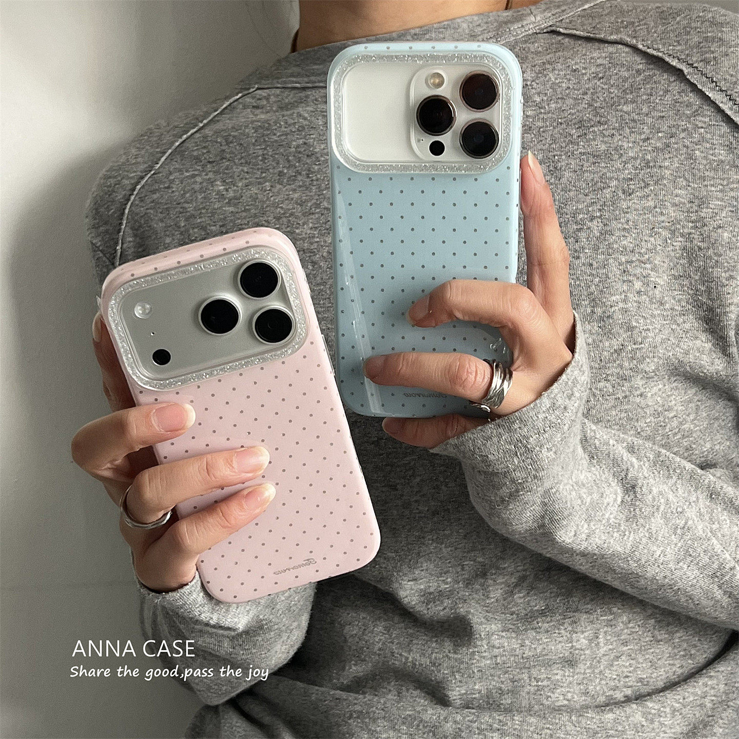 ANNACASE韩系ins温柔粉蓝小波点闪粉适用苹果17promax手机壳iphone14女17pro新款15pro软16promax防摔保护套
