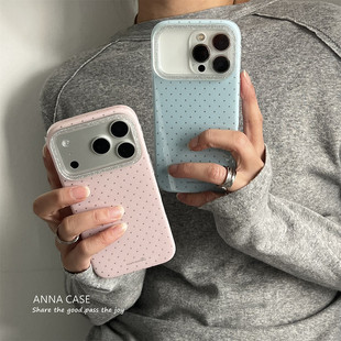 ANNACASE韩系ins温柔粉蓝小波点闪粉适用苹果17promax手机壳iphone14女17pro新款 15pro软16promax防摔保护套
