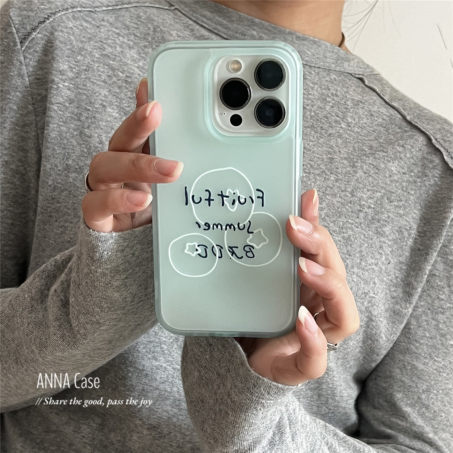 ANNACASE简约透蓝英文蓝莓线条手机壳适用iphone17promax苹果14磨砂17pro新款15pro软壳16Promax防摔保护套16