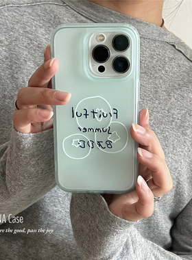 ANNACASE简约透蓝英文蓝莓线条手机壳适用iphone17promax苹果14磨砂17pro新款15pro软壳16Promax防摔保护套16