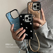 ANNACASE小众设计ins星星铆钉油蜡皮挂绳适用苹果17promax手机壳iphone14女15pro新款 16pro全包17防摔保护套
